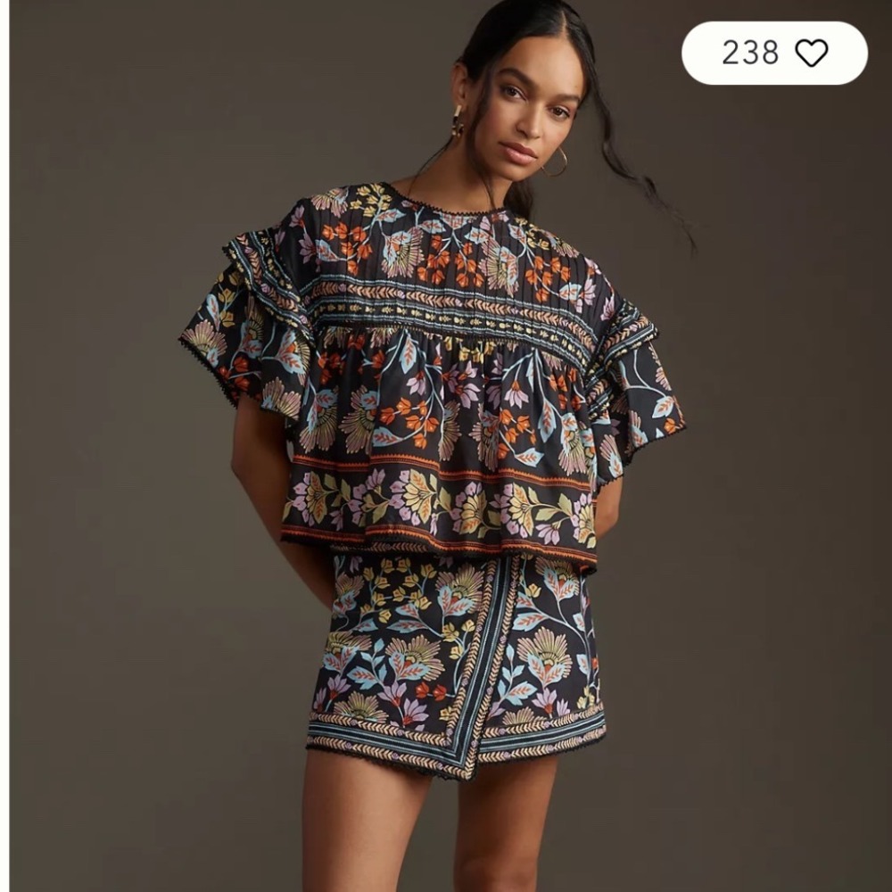 Farm Rio Short-Sleeve Flowery Floral Boho Ruffle Sleeve Statement Top Size Small
